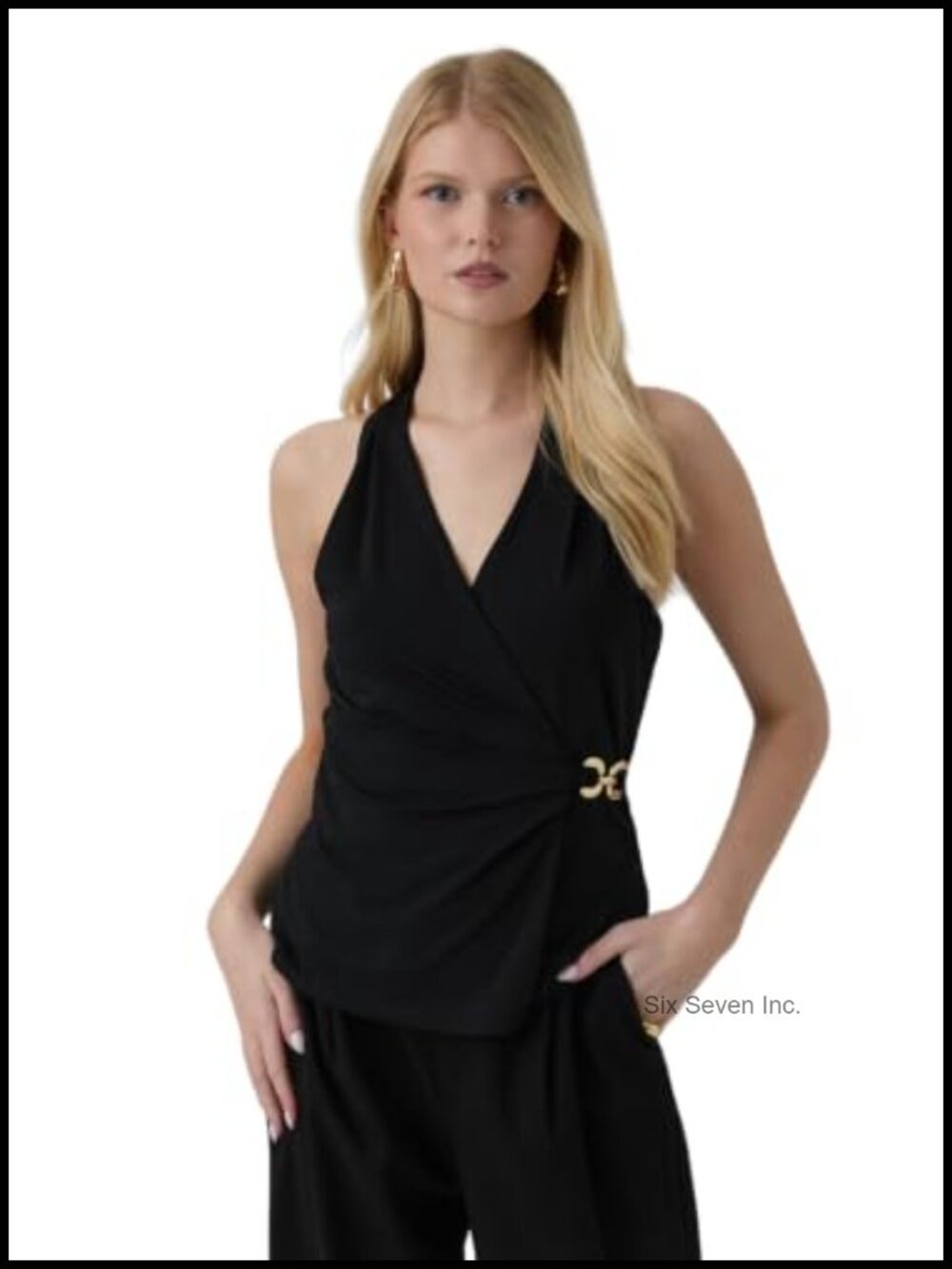 Sleeveless Halter Pleated Wrap Front Tank Top Stretch Knit